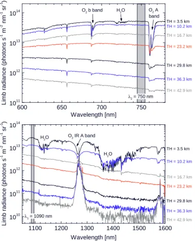 Fig. 1. Limb radiance spectra (uncalibrated) for SCIAMACHY channels 4 (upper panel) and 6 (lower panel) for a sample limb observation