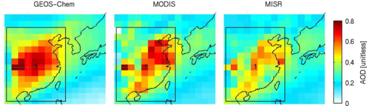 Fig. 5. Aerosol Optical Depth (AOD) from the MODIS and MISR satellite instruments and a GEOS-Chem simulation