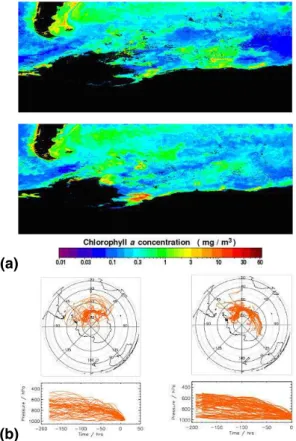 Fig. 4. Spatial distribution of chlorophyll for winter 2004 above and winter 2005 below from http://seawifs.gsfc.nasa.gov/ and b