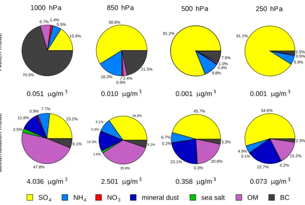 Fig. 5. Average composition and total mass concentration (ambient values, not STP) of the global (dry) aerosol of the Aitken and accumulation mode for the pressure levels 1000 hPa, 850 hPa, 500 hPa and 250 hPa.