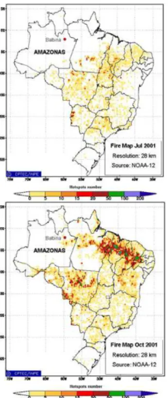 Fig. 4. Spatial distribution of hotspots in Brazil for July–November in 2001. The Amazonas state had not an important contribution of biomass-burning emissions, in spite of an increase (mainly southeast from Balbina) of hotspots number after August