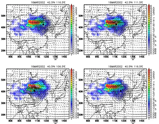 Fig. 2. Correlations (line contours) of surface concentrations with those at di ff erent points denoted by the black dots directly estimated from ensemble perturbations at 03:00 UTC on 16 March 2002