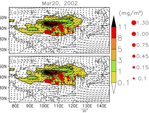 Fig. 11. Surface distribution of dust concentration over East Asia without (a) and with (b) assimilation on 20 March 2002, respectively