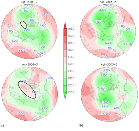 Fig. 1. 100 hPa geo-potential fields in February–March 2006 (left), and February–March 2003 (right).