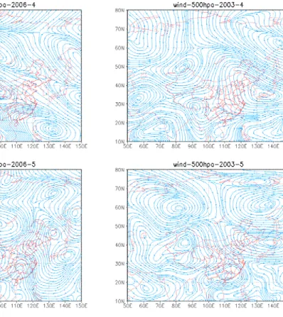 Fig. 2. Wind field Anomalies in April–May 2006 (a), and April–May 2003 (b).