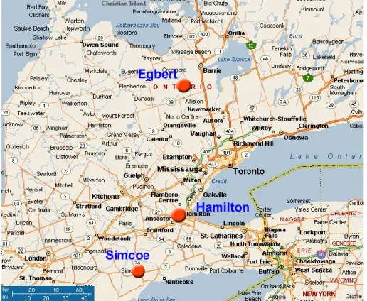 Fig. 1. Sampling sites for the Egbert 2003, Hamilton 2000, Simcoe 2000, and Hamilton 1999 field studies (map source: http://mappoint.msn.com).