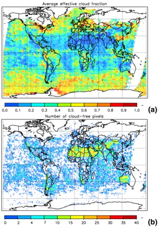 Fig. 3. Cloud information retrieved with the FRESCO algorithm from available SCIAMACHY data for March 2004 binned on 1 ◦ ×1 ◦ grid cells