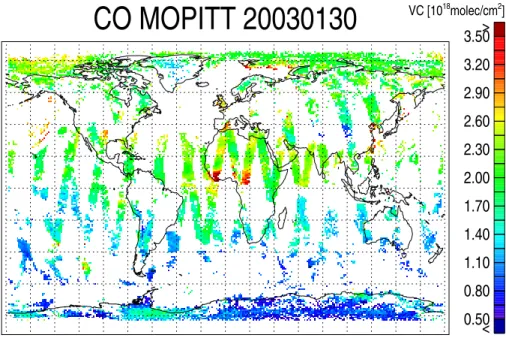 Fig. 9. CO columns as measured by MOPITT on 30 January 2003.