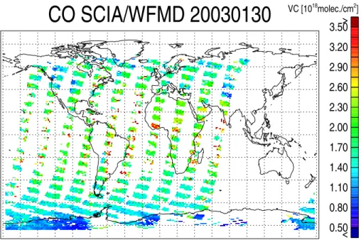 Fig. 10. CO columns as measured by SCIAMACHY/WFM-DOAS on 30 January 2003. Shown are all pixels where the CO fit error is less than 60%