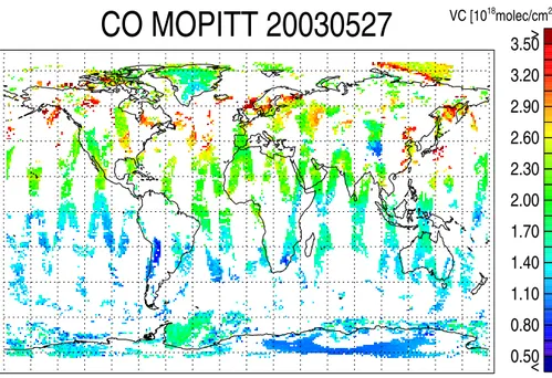 Fig. 14. CO columns as measured by MOPITT on 27 May 2003.