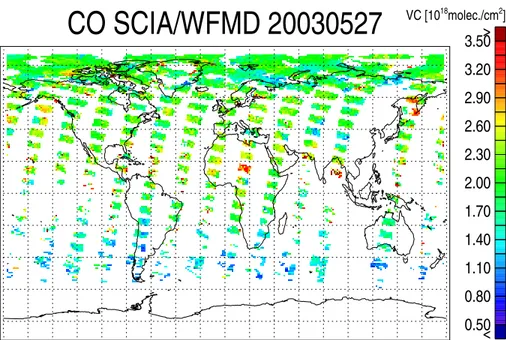 Fig. 15. CO columns as measured by SCIAMACHY/WFM-DOAS on 27 May 2003. Shown are all pixels where the CO fit error is less than 60%.