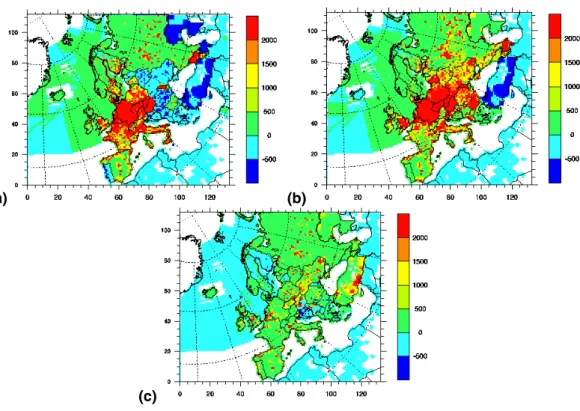 Fig. 4. Di ff erence maps presenting the three European SO 2 emission reduction regimes