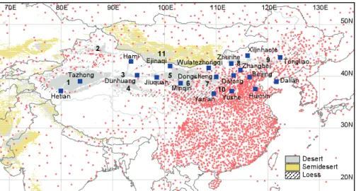 Fig. 1. The distribution map of the stations used to observation SDS in CMA. The red dots are weather stations while the blue squares are SDS observation stations