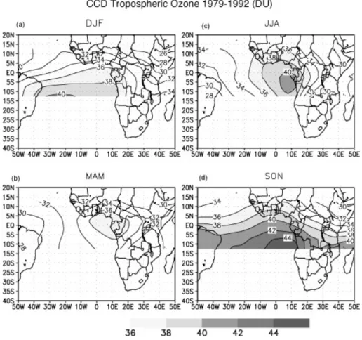 Fig. 1. Climatological (1979–1992) CCD Tropospheric Column Ozone values (a) DJF, (b) MAM, (c) JJA, (d) DJF