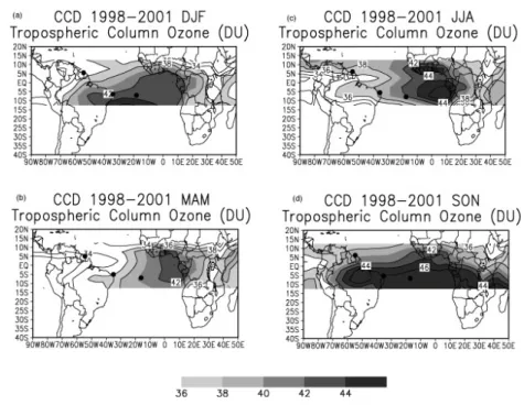 Fig. 4. 1998–2001 CCD Tropospheric Column Ozone values (a) DJF, (b) MAM, (c) JJA, (d) DJF
