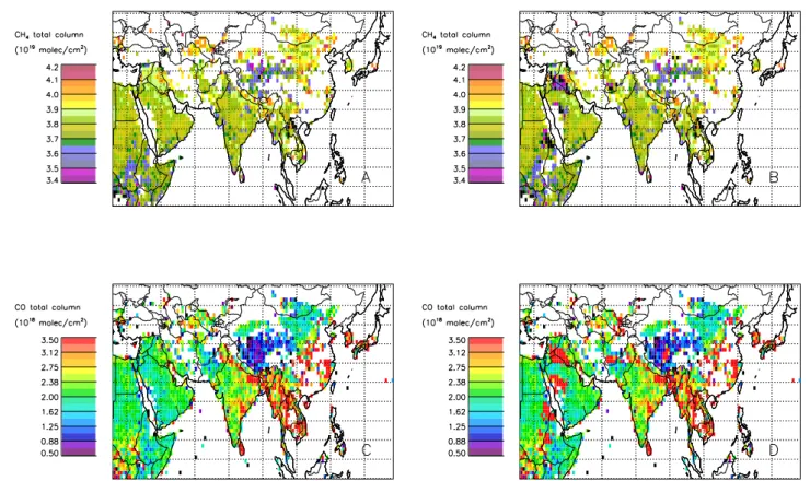 Fig. 10. Effect of not removing 1 dead pixel on the retrieved CH and CO total columns over Asia and the Middle East for February 2004.