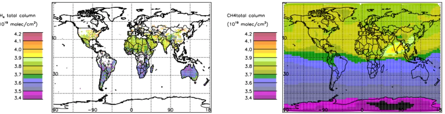 Fig. 3. Monthly averaged CH total columns for November 2003. Top panel: Retrieval results from the IMLM algorithm