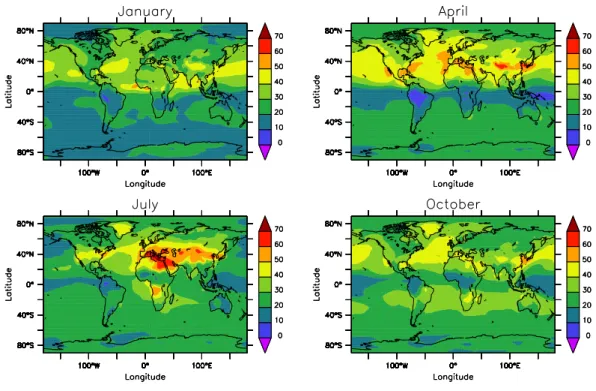 Fig. 1. Modelled surface O 3 (ppbv) in January, April, July and October from the present-day simulation.