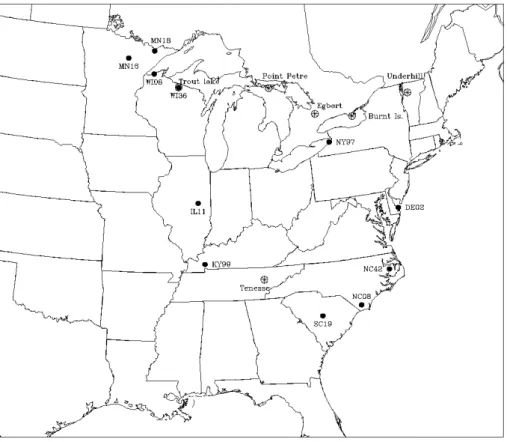 Figure 1.  The model domain.  Also shown are the site locations of measurements used to evaluate the model performance (see text for details).