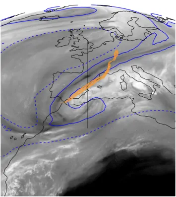 Fig. 8. Difference between measured and modeled (directly offered by ECMWF) H 2 O (size of the orange circles) overlaid on the  wa-ter vapor satellite image of 10 November 2001 09:00 UTC