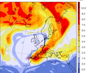 Fig. 1. Flight path from 08:00 to 12:00 UTC, 10 November 2001 (black line) and PV on 230 hPa pressure level at 09:00 UTC  (con-tours)