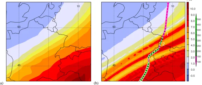 Fig. 4. PV from standard ECMWF analysis (a) and RDF- RDF-reconstructed rPV with an integration time of 24  (b) at 210  on 10 November 2001 09:00 UTC (in PV-units, PVU, color-coded).
