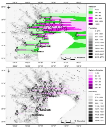 Fig. 8. (top): Map of estimated radiation doses (rads) for unshel- unshel-tered individuals in the Tokyo-Yokohama megacity