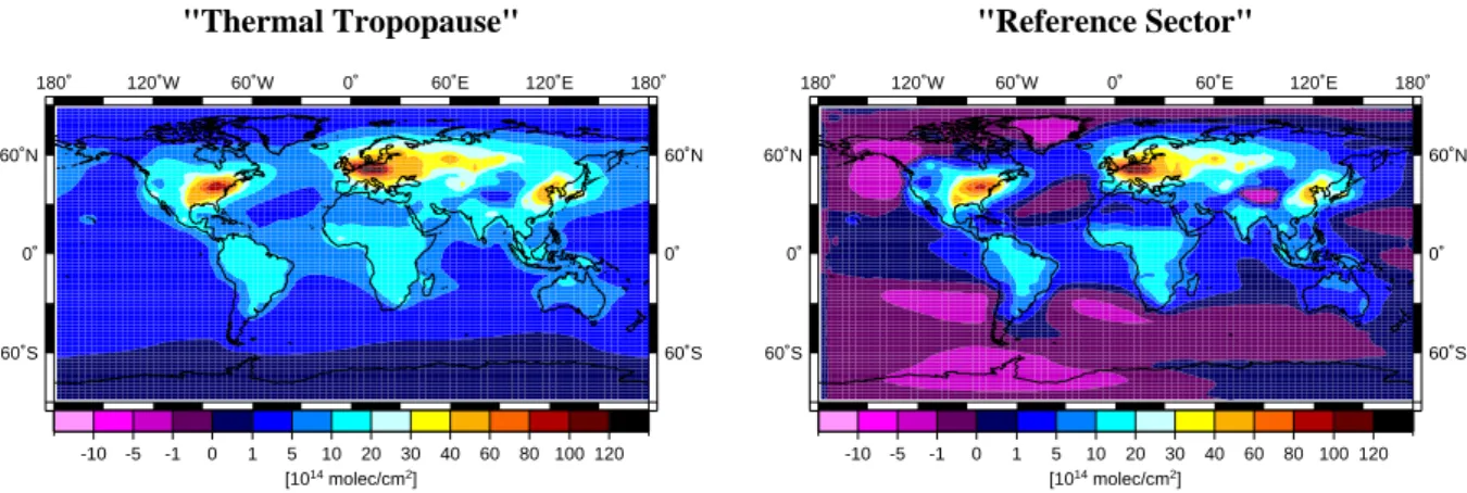 Fig. 1. E39/C, climatological annual means based on 20 years of the modelled tropospheric NO 2 column amounts, showing the results of the two different methods of calculation.