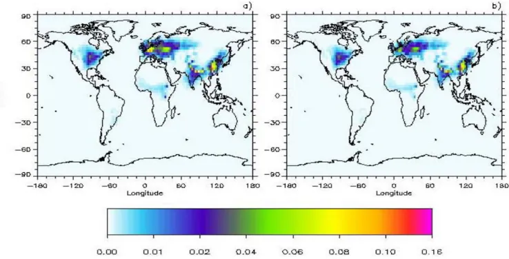 Figure 8: Annual mean aerosol optical depth of fine mode ammonium nitrate aerosols a)  without sea salt, b) with sea salt