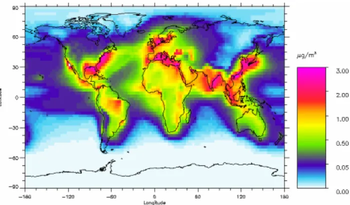 Figure 1: Global distribution of annual mean fine mode surface concentration of nitrate  (µg(NO Fig