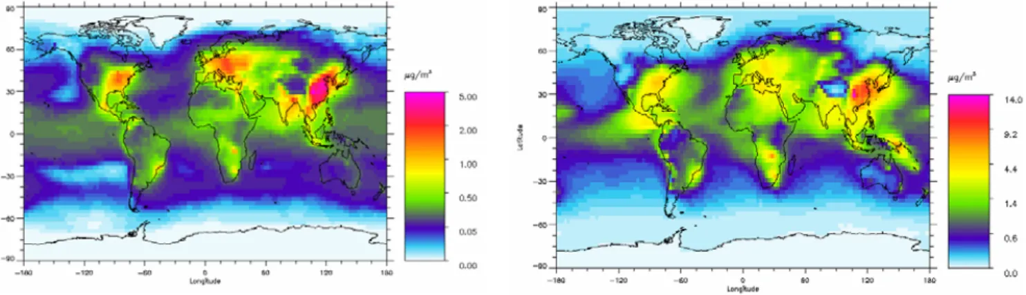 Figure 3: Global distribution of annual mean fine mode surface concentration of ammonium  (µg(NH 4 )m -3 ) in the left panel and the annual mean fine mode surface concentration of sulphate  (µg(SO 4 )m -3 ) in the right panel