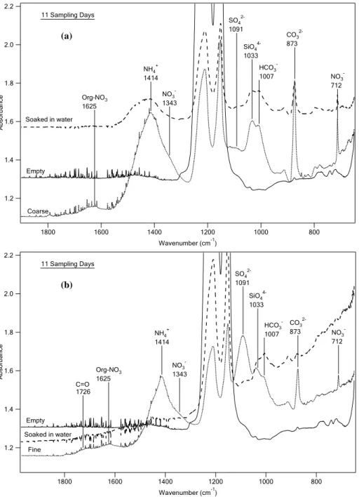 Fig. 6. ATR-FTIR Spectra showing the inorganic ion bands of particles collected on Teflon filters during 11 consecutive sampling days.