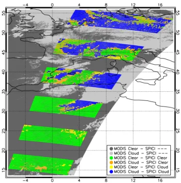 Fig. 3. Comparison between saturation-value of SCIAMACHY PMD observations that are either “clouded” (black), “clear” (blue) or mixed (red) according to collocated MODIS data averaged over the SCIAMACHY PMD footprint