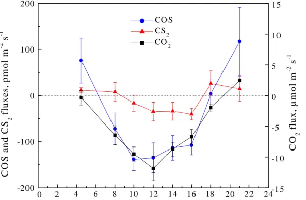 Fig. 5. Average diurnal variation in the COS, CS 2 and CO 2 fluxes. The error bars indicate standard errors of the mean.