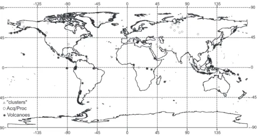 Fig. 4. Location of the major anomalous space-time clusters of observations, of data acquisition/processing errors, and of observations resulting from volcanic activity.