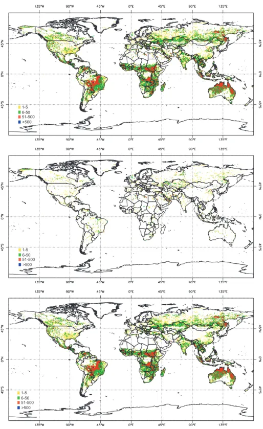 Fig. 5. Global maps (1997–2002) of original WFA fire counts (a), data removed from the WFA (b), and screened data set (c).