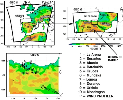 Fig. 1. Topographic map of the three domains (grid 1, 2 and 3) used by RAMS and HYPACT