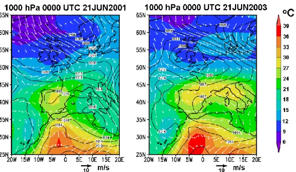Fig. 3. NCEP reanalysis sea-level pressure (contour lines), temperature (shaded colours) and wind field on the 1000 hPa surface, during the peak day (at 00:00 UTC) of both episodes