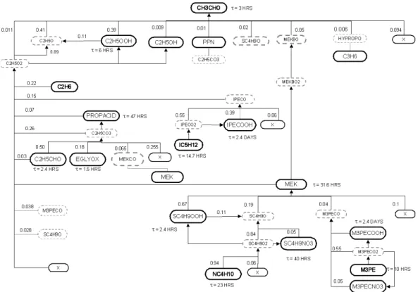 Fig. 11. Major sources of acetaldehyde on day 5. A solid border indicates stable species