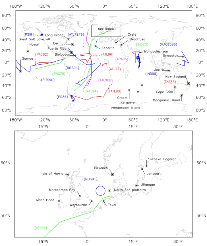 Fig. 1. Locations where atmospheric inorganic bromine has been measured in the mbl. Stationary sites are marked with asterisks