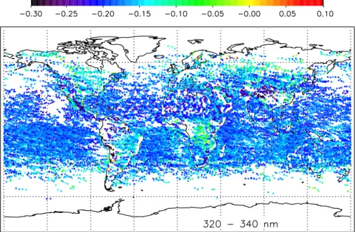 Fig. 4. Map of the relative difference between observed and simulated reflectance, d R , averaged between 320 and 340 nm.