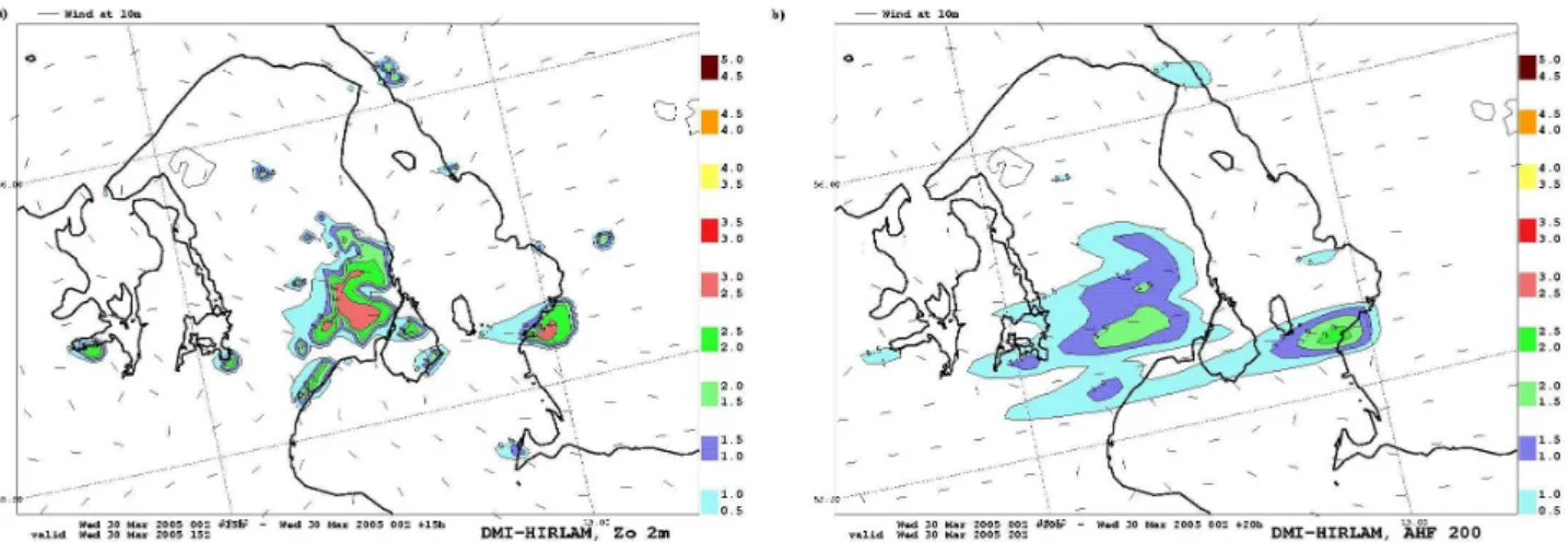 Fig. 5. Sensitivity tests to urban features with the DMI-HIRLAM high resolution model shown as the difference fields (runs without vs