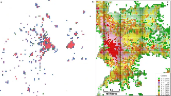 Fig. 1. Examples of improved urban land-use classifications prepared for: (a) the Copenhagen metropolitan area (shown as a percentage of the urban class representation in each grid-cell of the domain) used in the DMI-HIRLAM simulations; (b) the Marseilles 