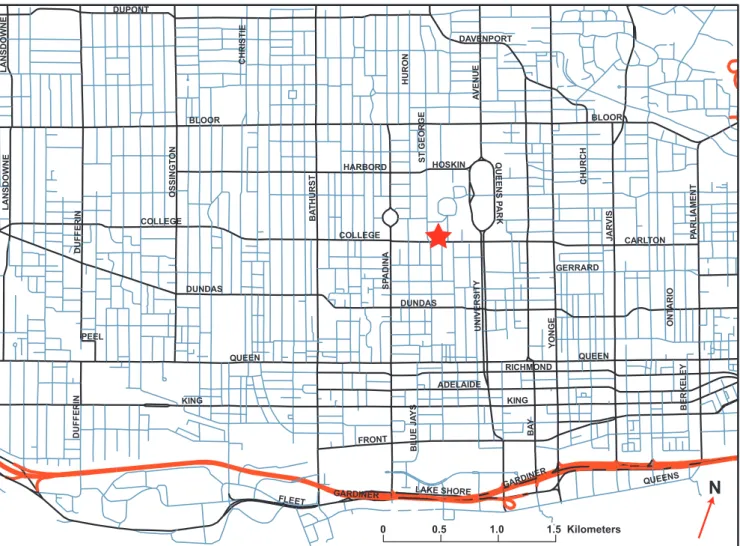 Fig. 1. Map of downtown Toronto showing the sample site (F) at 184–200 College St. The map was created with CanMap Route Logistics Ontario (v8.2), DMTI Spatial Inc.