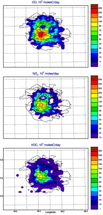 Fig. 2. Spatial distribution of CO, NO x and VOC emissions for a normal weekday in the initial estimates from the 2002 official  emis-sion inventory.