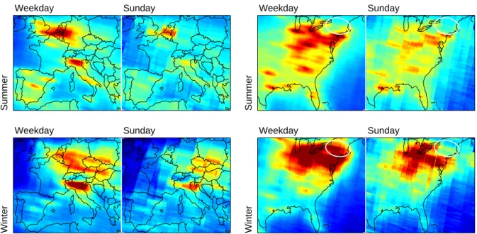 Fig. 4. Mean tropospheric NO 2 VCD (1996–2001) for Europe (left) and US east coast (right), separated for summer (upper row) and winter (lower row)