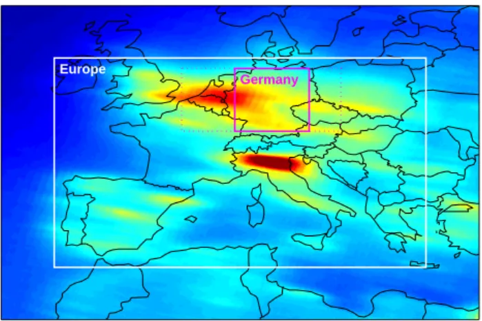 Fig. 5. Zoom of Fig. 1 on West Europe. For the lifetime estimation of tropospheric NO x in Germany, the considered area is marked (7 ◦ –14 ◦ E and 48 ◦ –54 ◦ N)