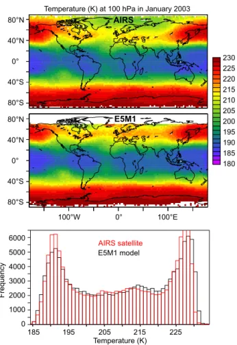 Fig. 5a. Comparison of E5M1 temperature calculations with AIRS satellite measurements at 100 hPa for January 2003