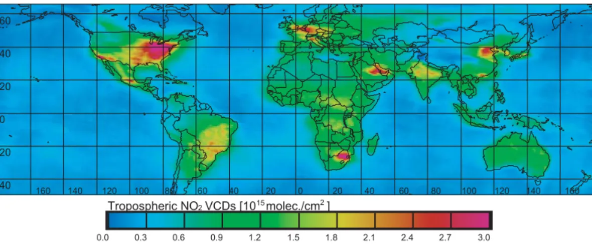 Fig. 1. Average annual tropospheric NO 2 distribution (see Appendix A). For this image GOME data from 1996 to 2000 was used