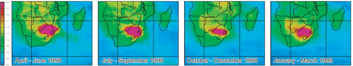 Fig. 2. Seasonal tropospheric NO 2 distribution of SA for 1998